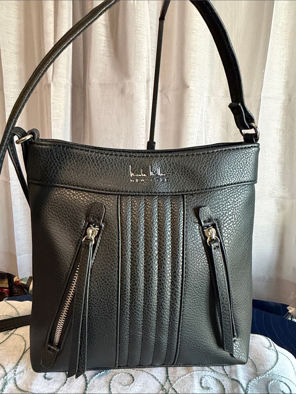 Nicole Miller Black Pebbled Leather Shoulder Bag